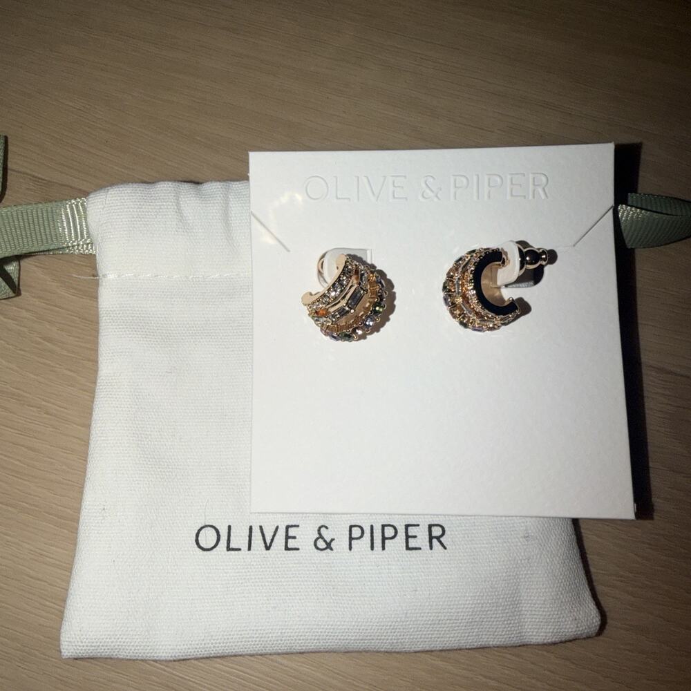 Olive & Piper Gold Crystal Huggie Hoop Earrings Pastel Rhinestone w Pouch